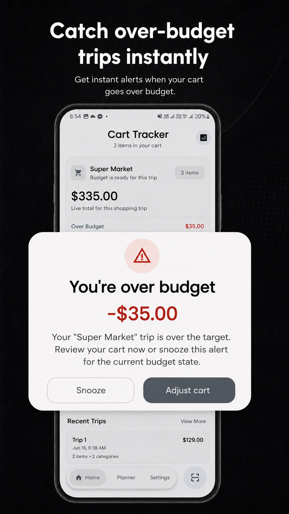 Cart Tracker showing an over-budget grocery trip