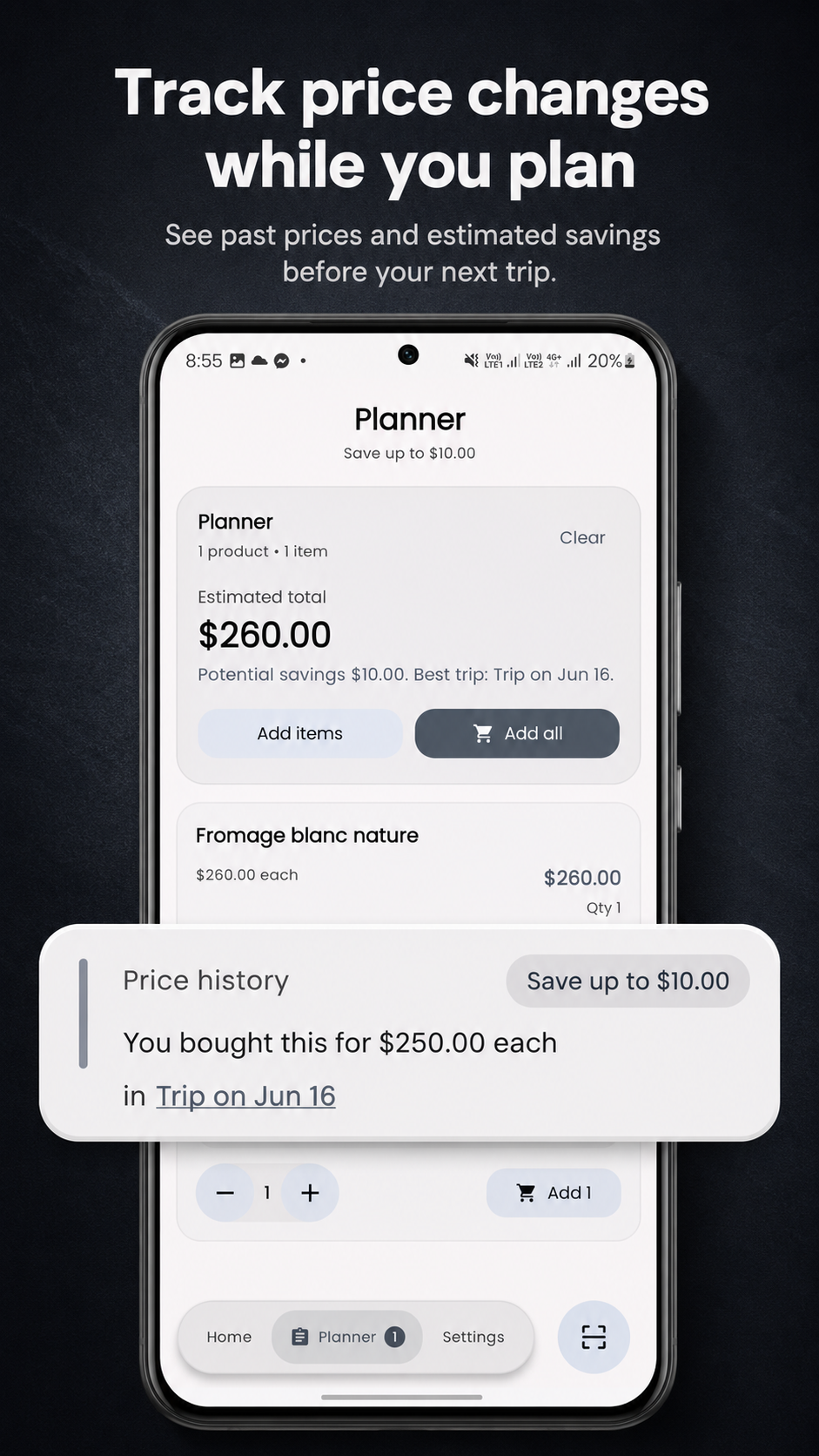Cart Tracker planning view with price history