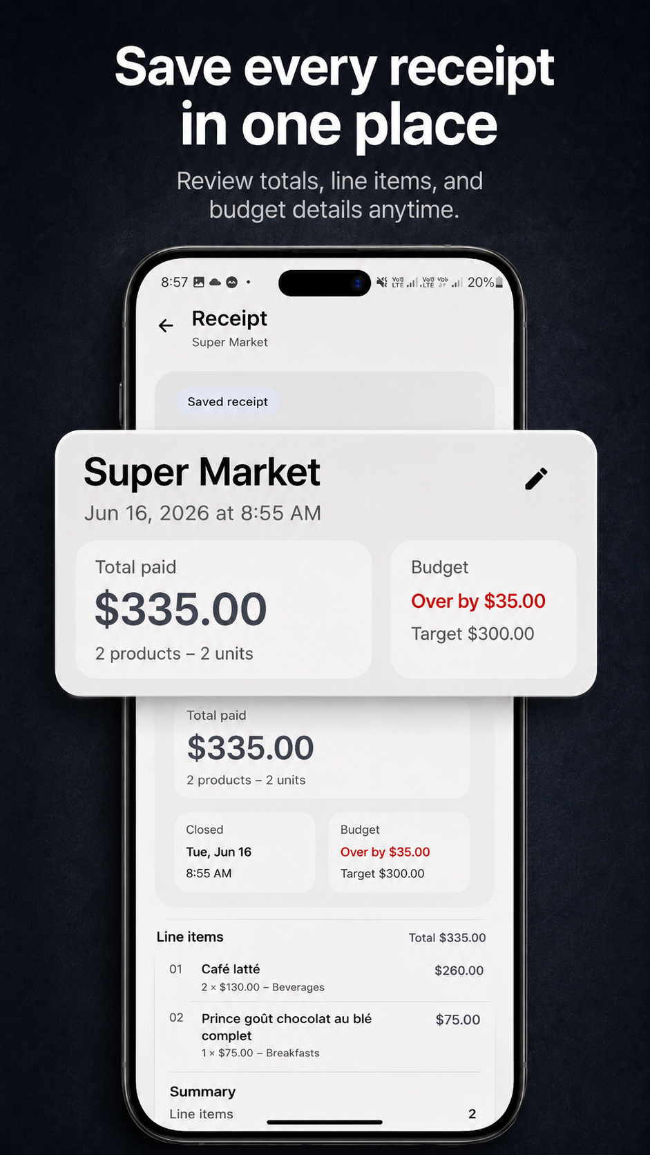 Cart Tracker receipt detail with budget context